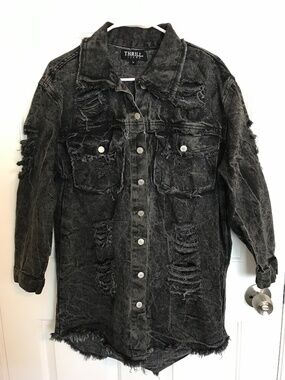 Thrill Jeans Acid Wash Black Distressed Denim Shacket Long Jacket Size M